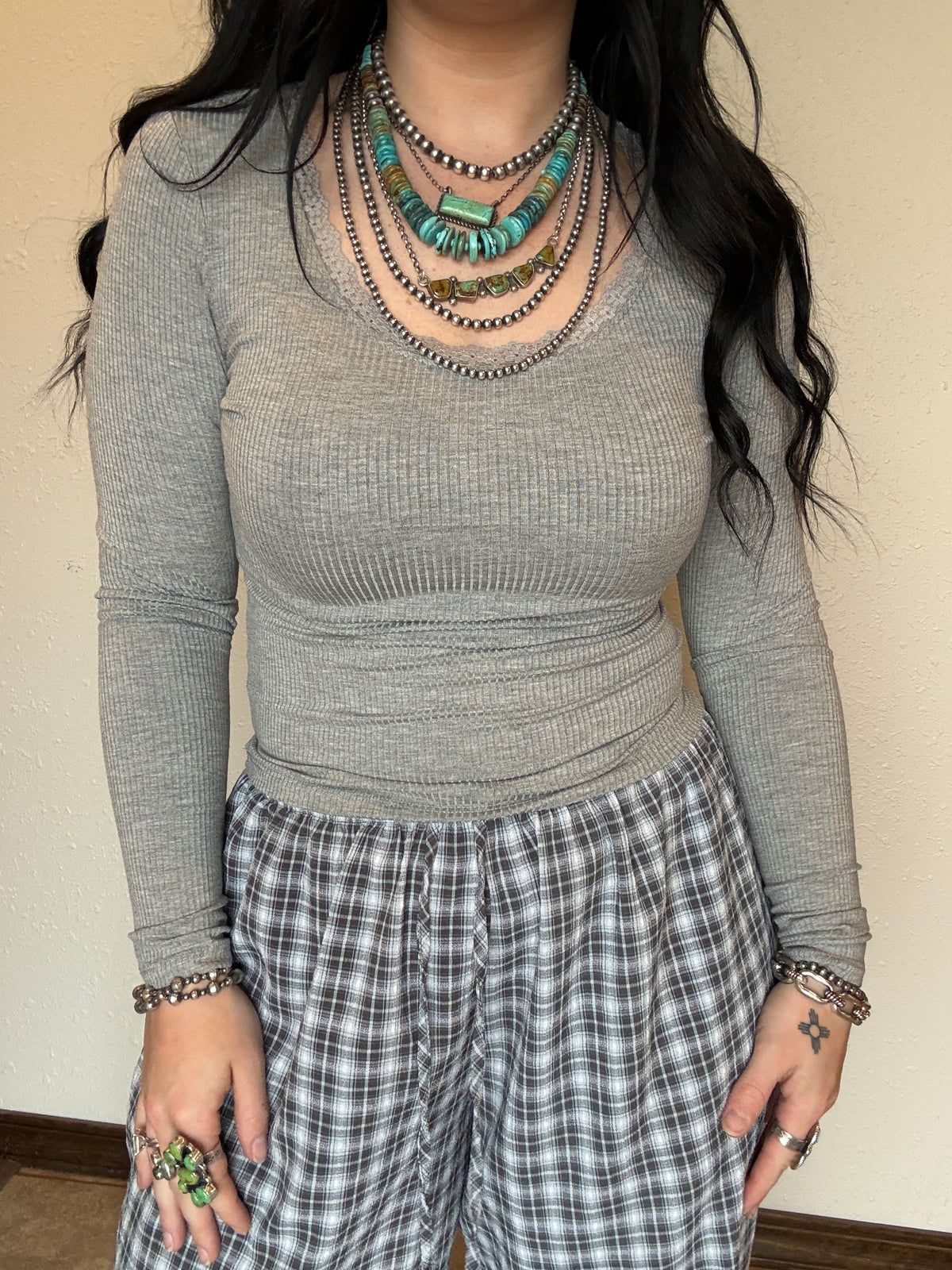 Long Sleeve Scoop Neck with Lace Trim Rib Knit Top *Grey