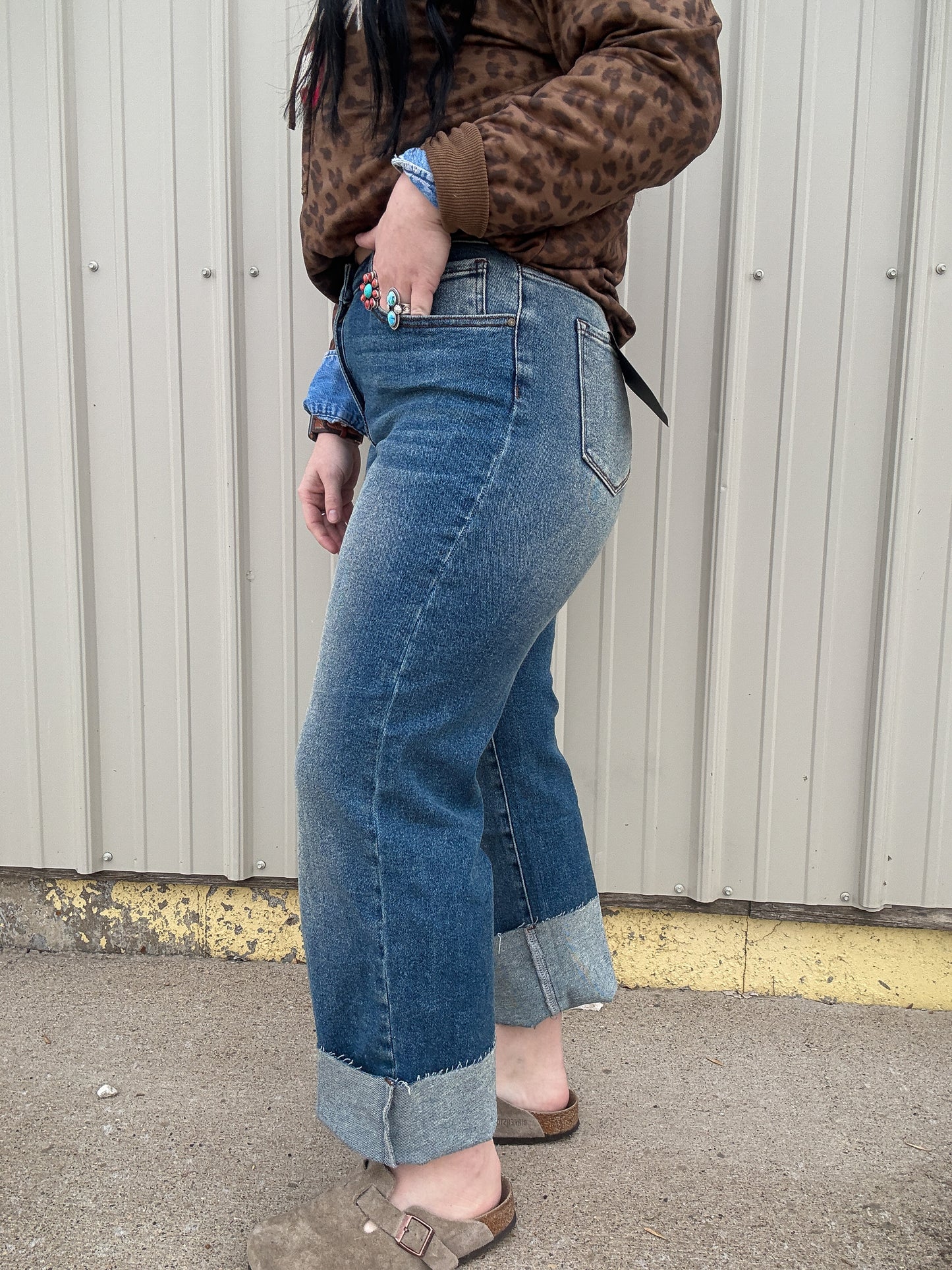 Vintage Wash Mid Rise Straight Leg Denim