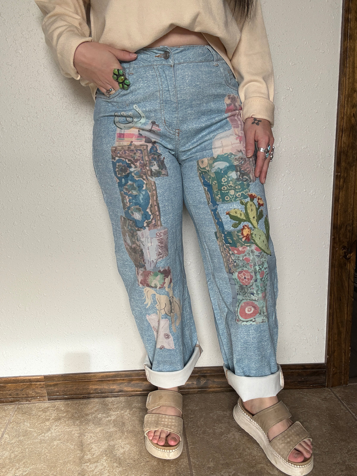 Western Art Collage Barrel Jeans