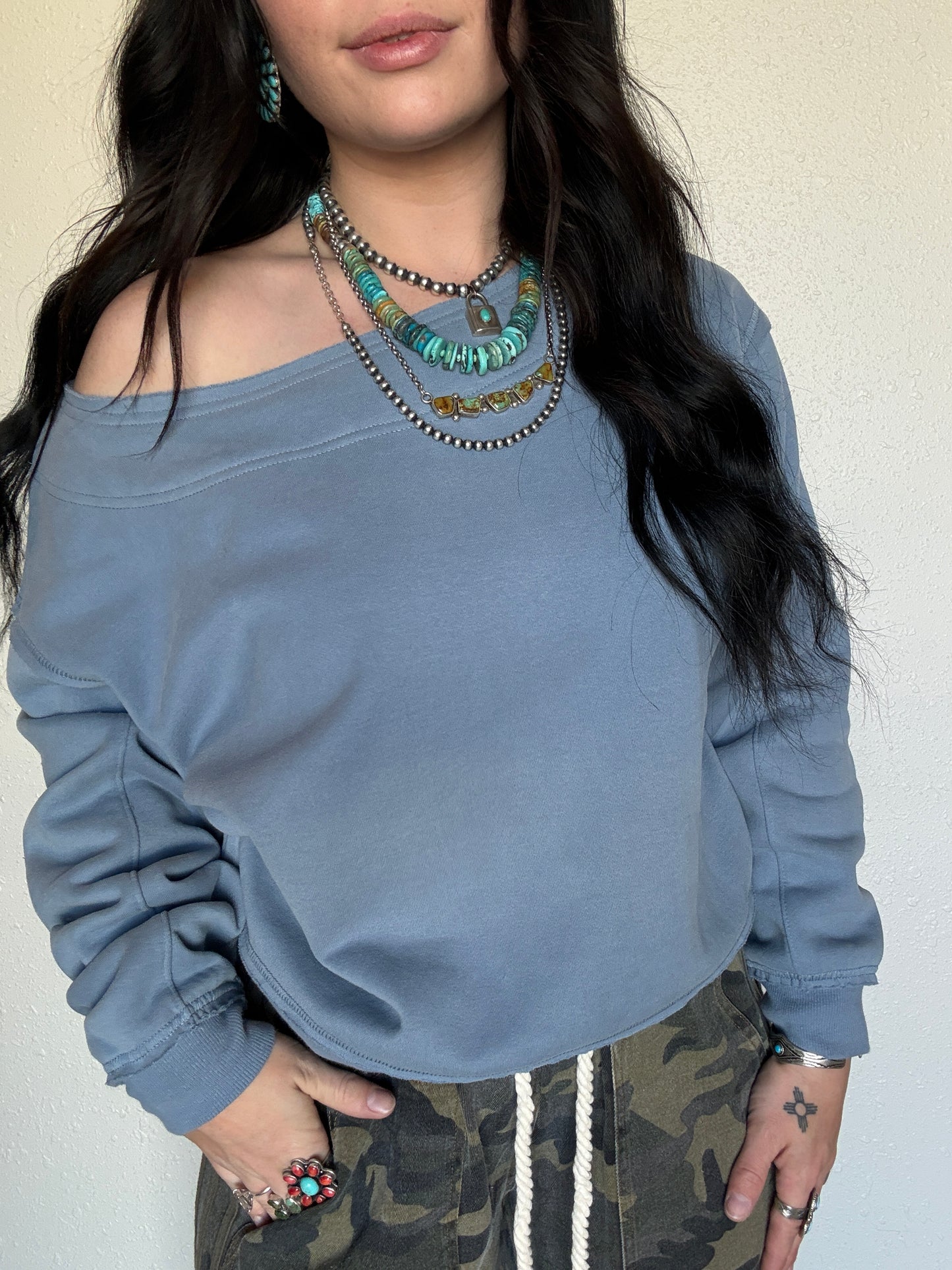 Ocean Blue Off The Shoulder Crewneck