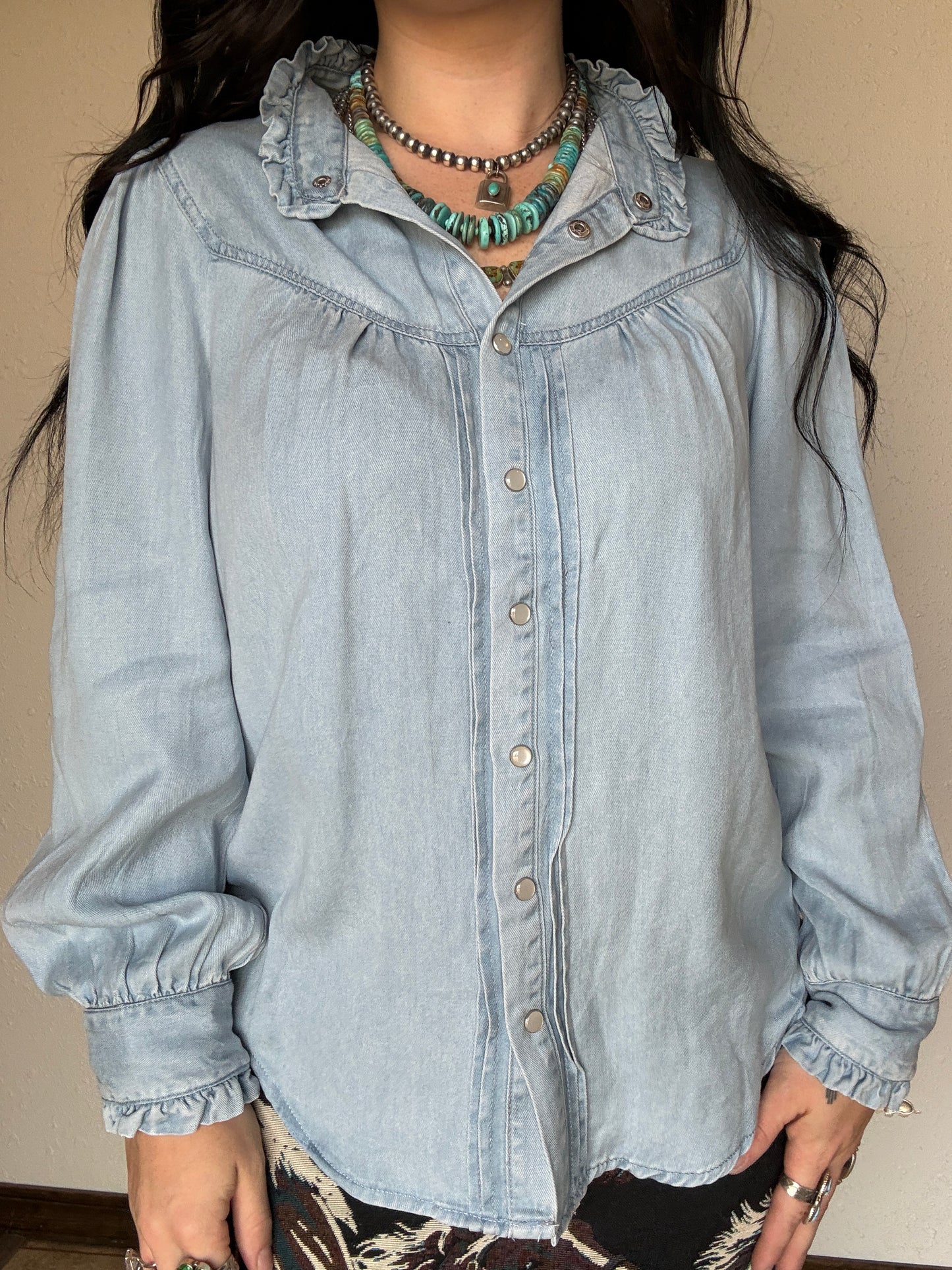Light Wash Denim Ruffled Pearl Snap