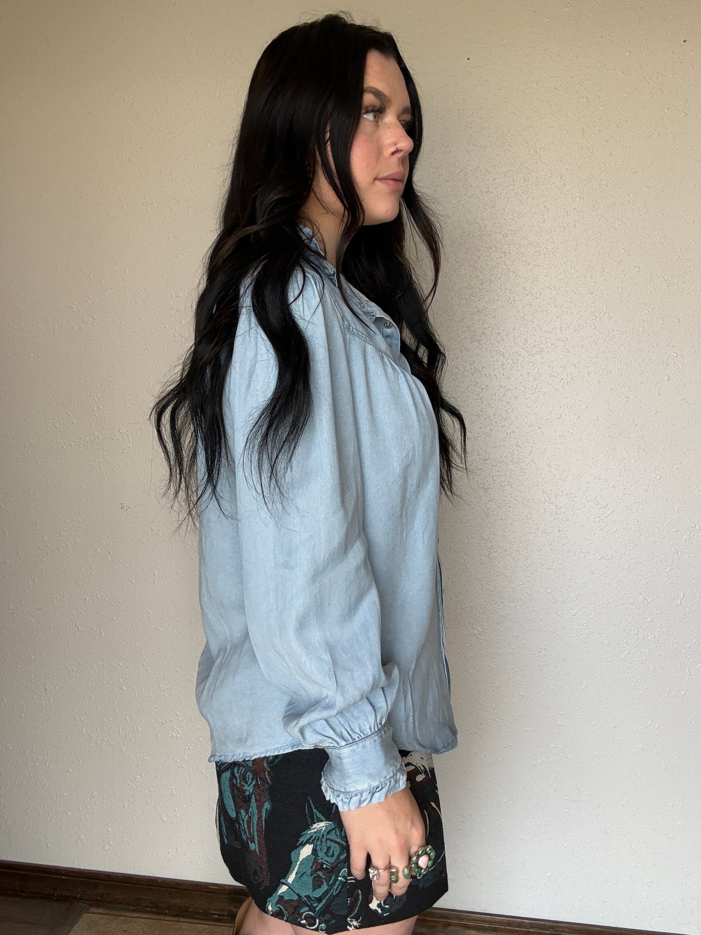 Light Wash Denim Ruffled Pearl Snap