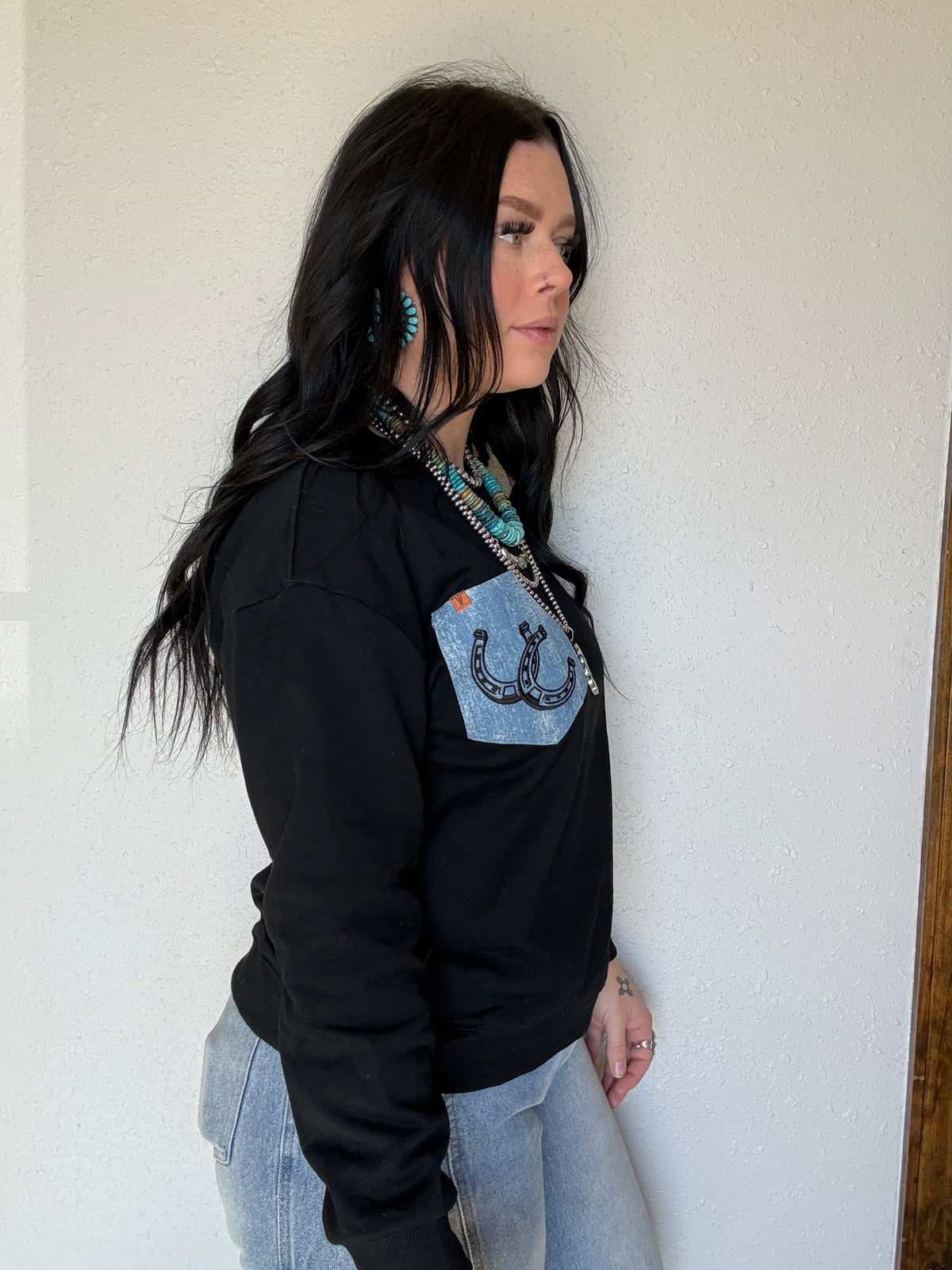 Embroidered Denim Front Pocket Crewneck