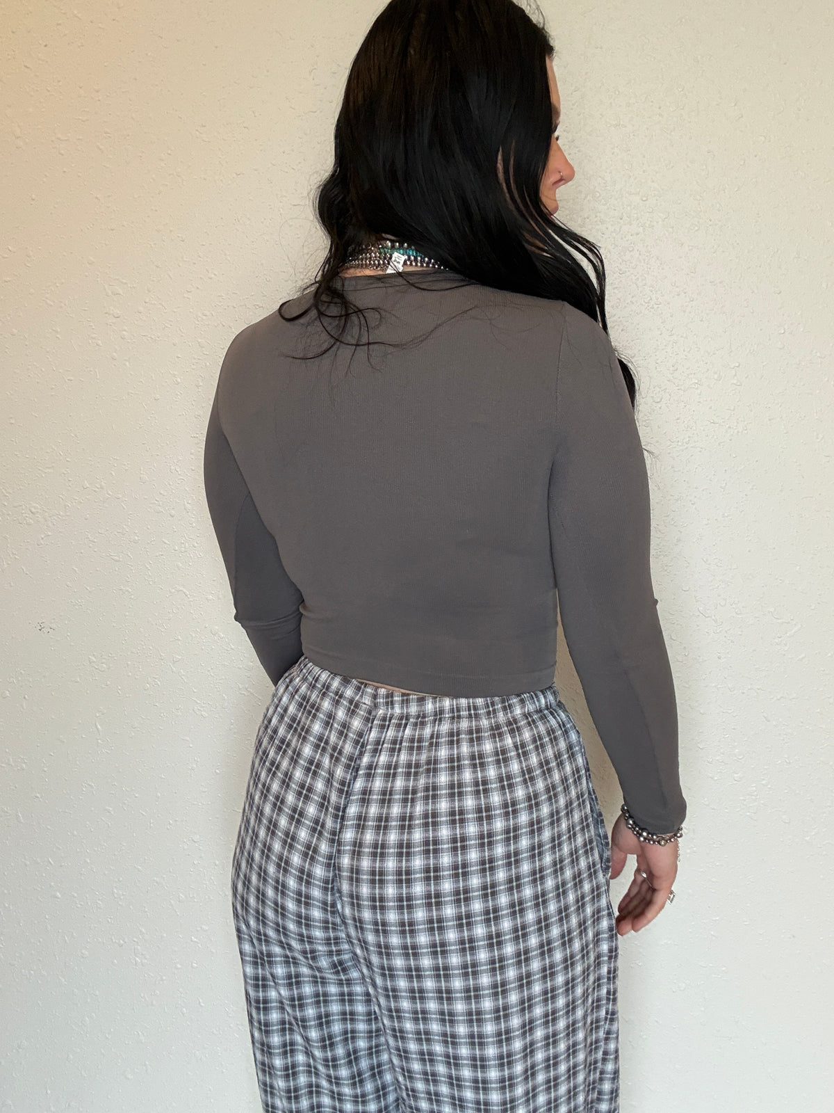 Long Sleeve Crew Neck Rib Seamless Top *Grey