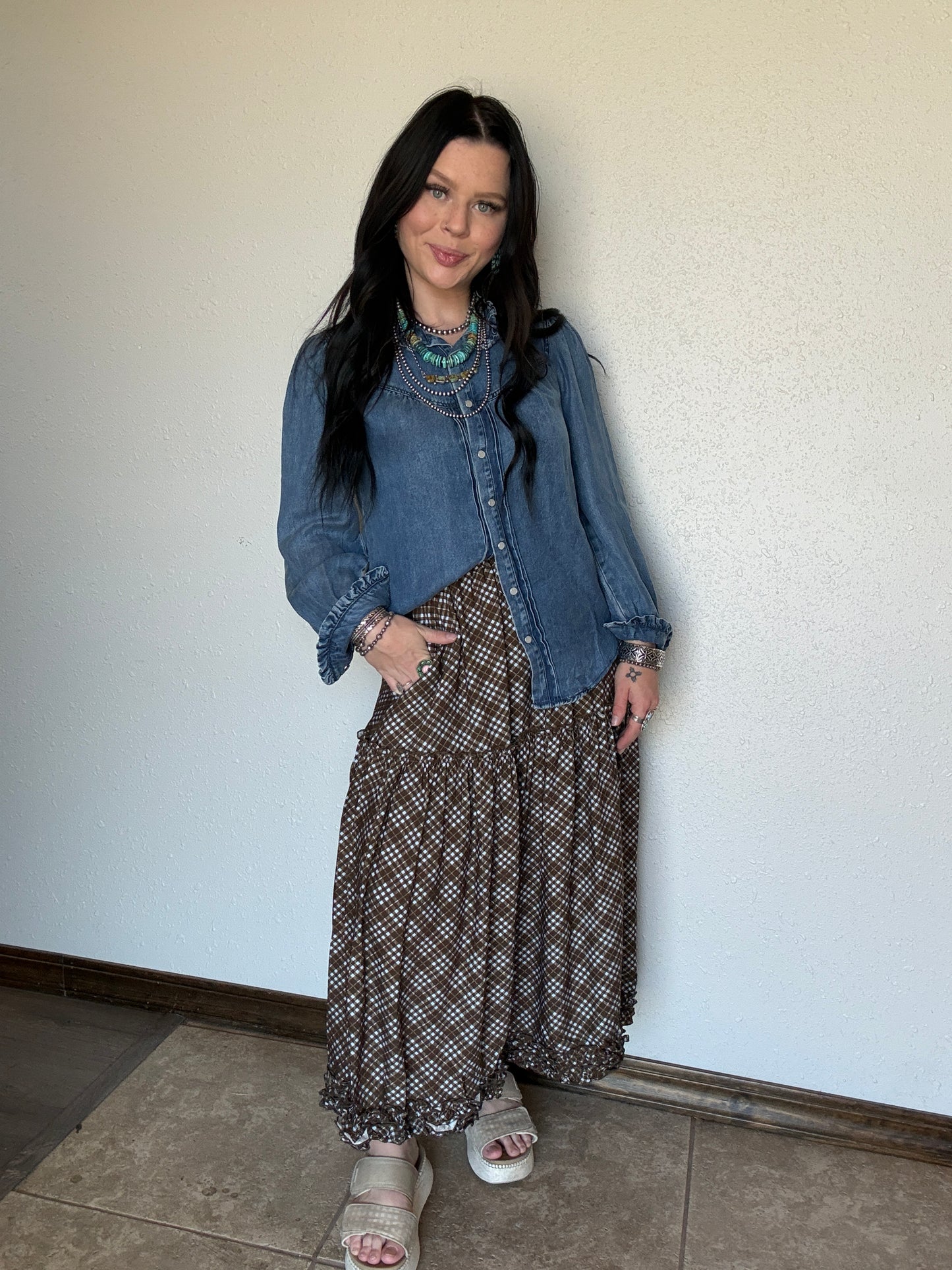 Medium Wash Denim Ruffled Pearl Snap