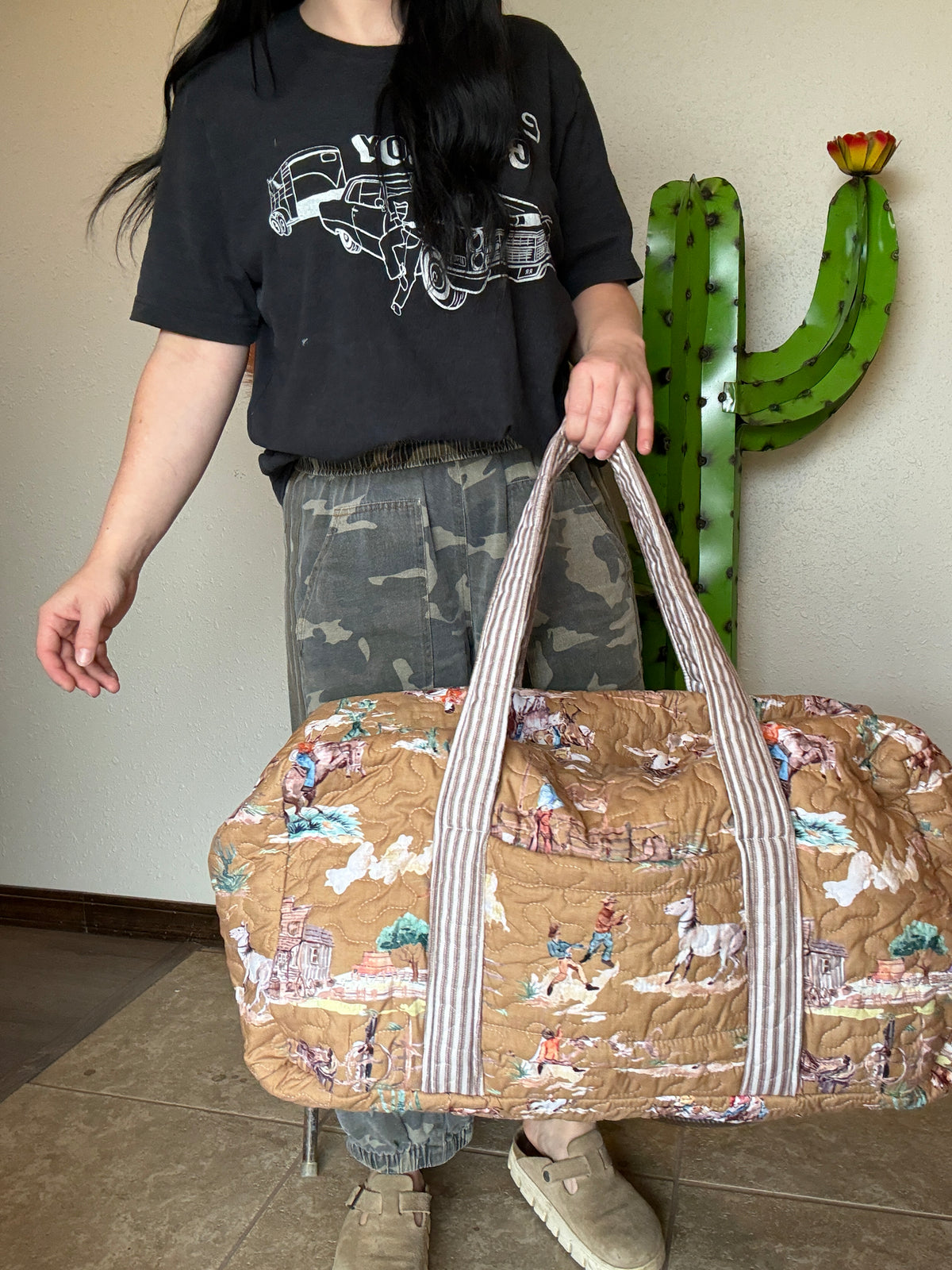 Retro Cowboy Gold Quilted Weekender Duffle Bag