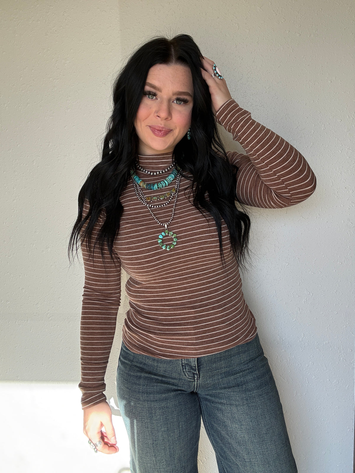 Striped Mock Neck Long Sleeve Top: MOCHA