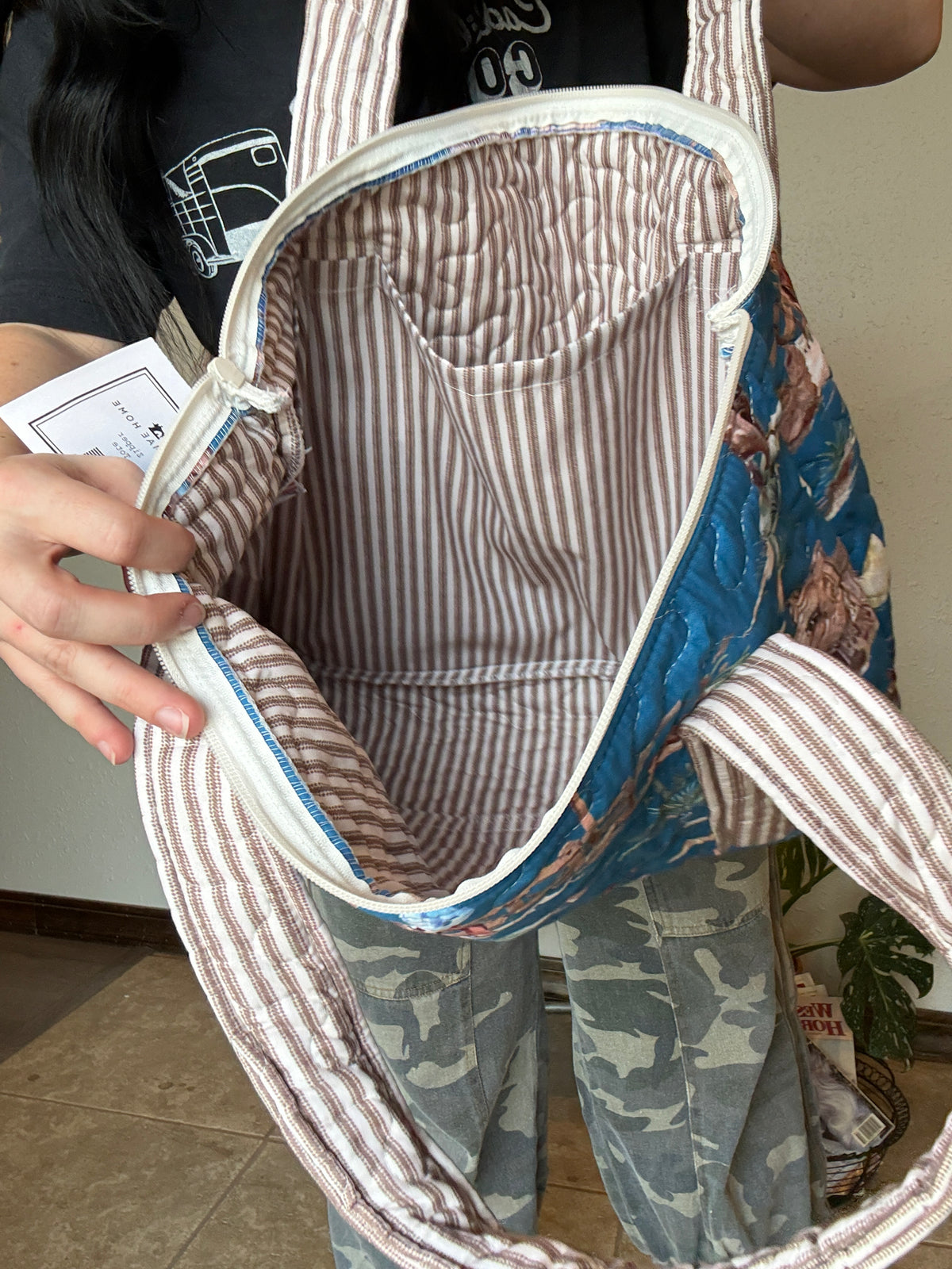 Blue Retro Cowboy Quilted Zipper Tote
