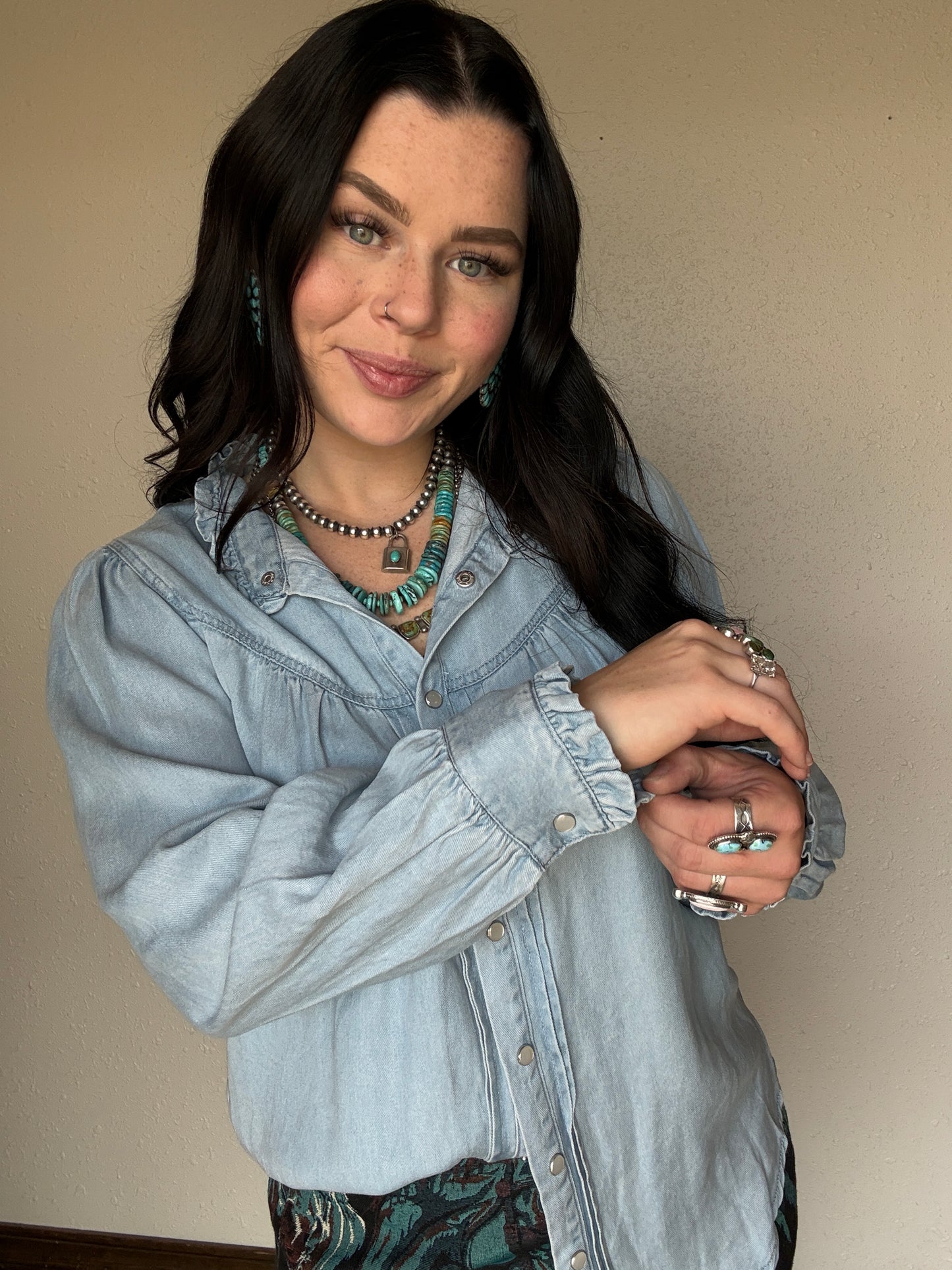 Light Wash Denim Ruffled Pearl Snap