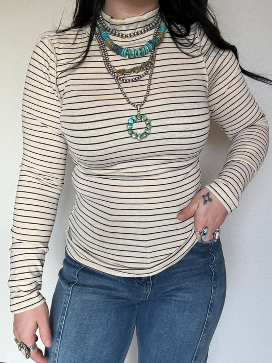 Striped Mock Neck Long Sleeve Top: CREAM