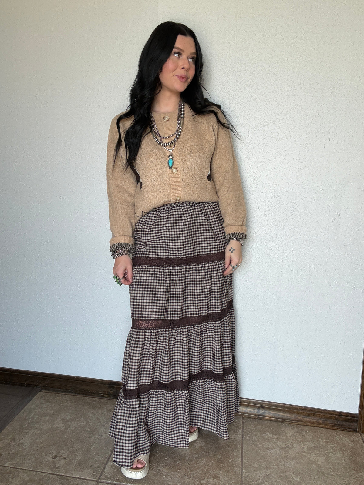 Gringa Gingham Lace Maxi Skirt
