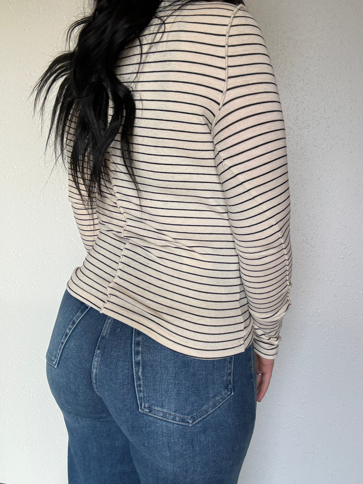 Striped Mock Neck Long Sleeve Top: CREAM