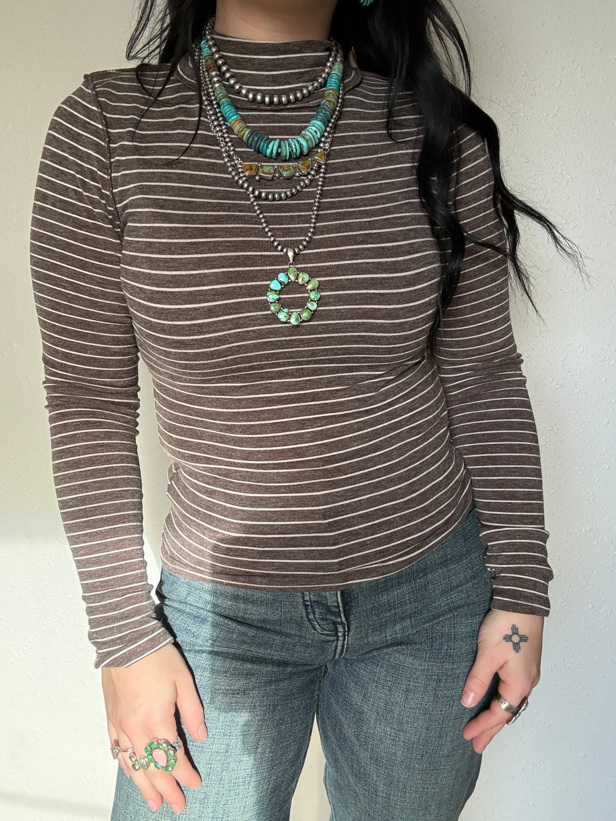 Striped Mock Neck Long Sleeve Top: CHOCOLATE