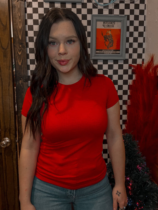Red Basic Ribbed Tee