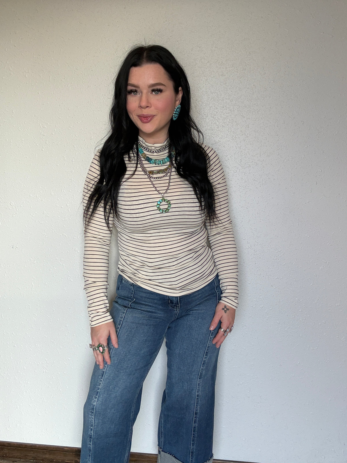 Striped Mock Neck Long Sleeve Top: CREAM