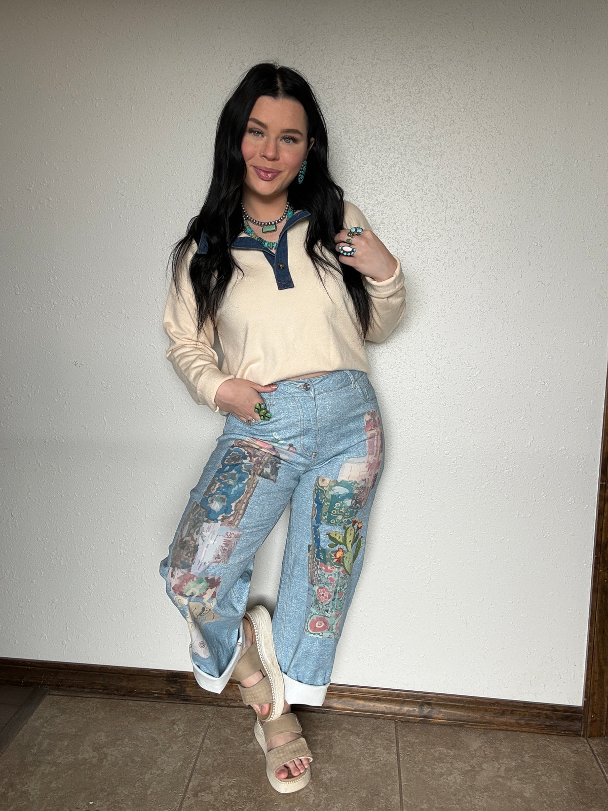 Western Art Collage Barrel Jeans