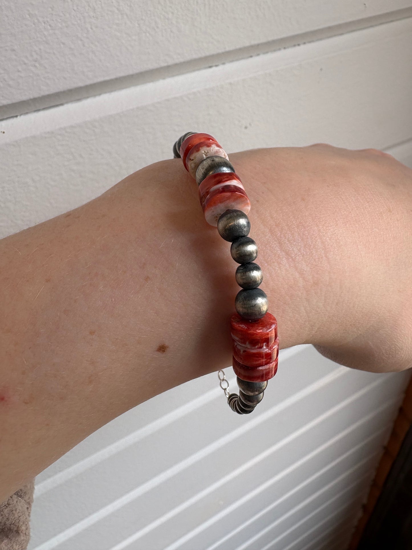 Red Spiny and Sterling Pearl Bracelet