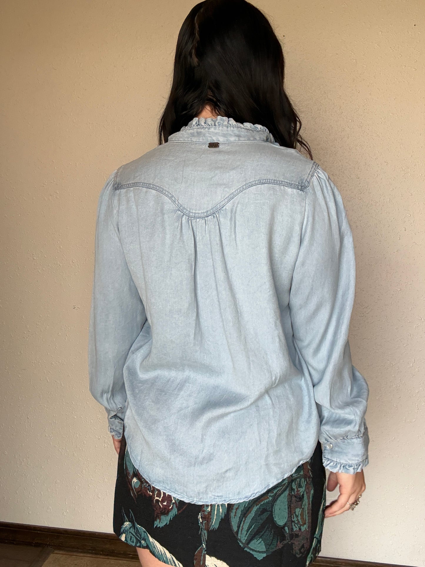 Light Wash Denim Ruffled Pearl Snap