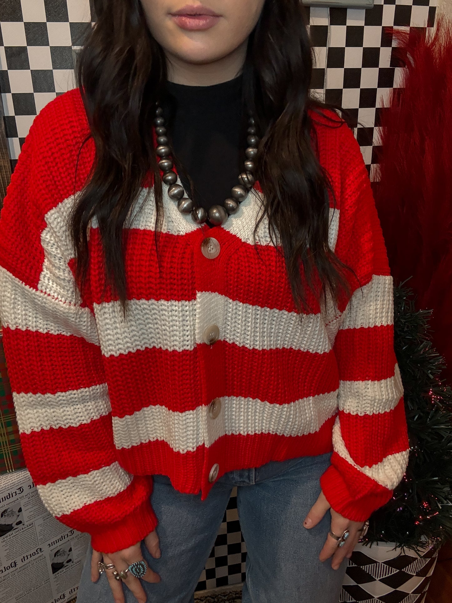 Oversized Red & White Cardigan