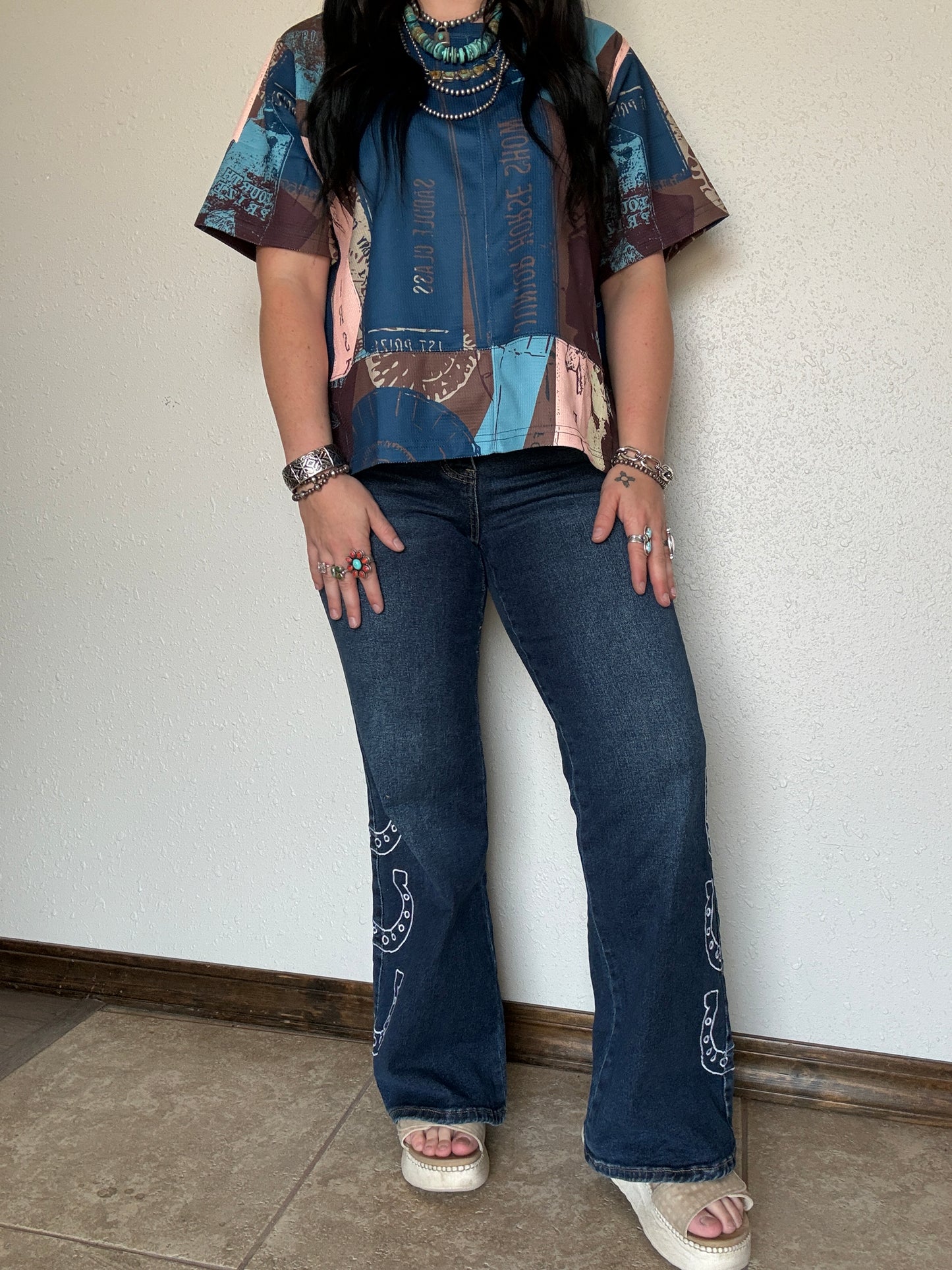 Dark Wash Horse Shoe Embroidered High Rise Wide Leg Cuffed Jean