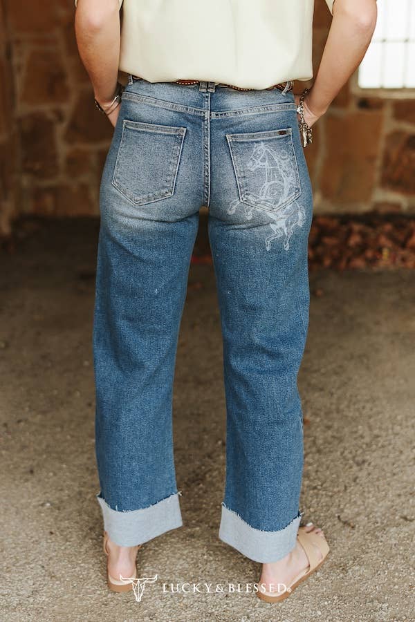 Western Printed Barrel Cuffed Mid Rise Jean